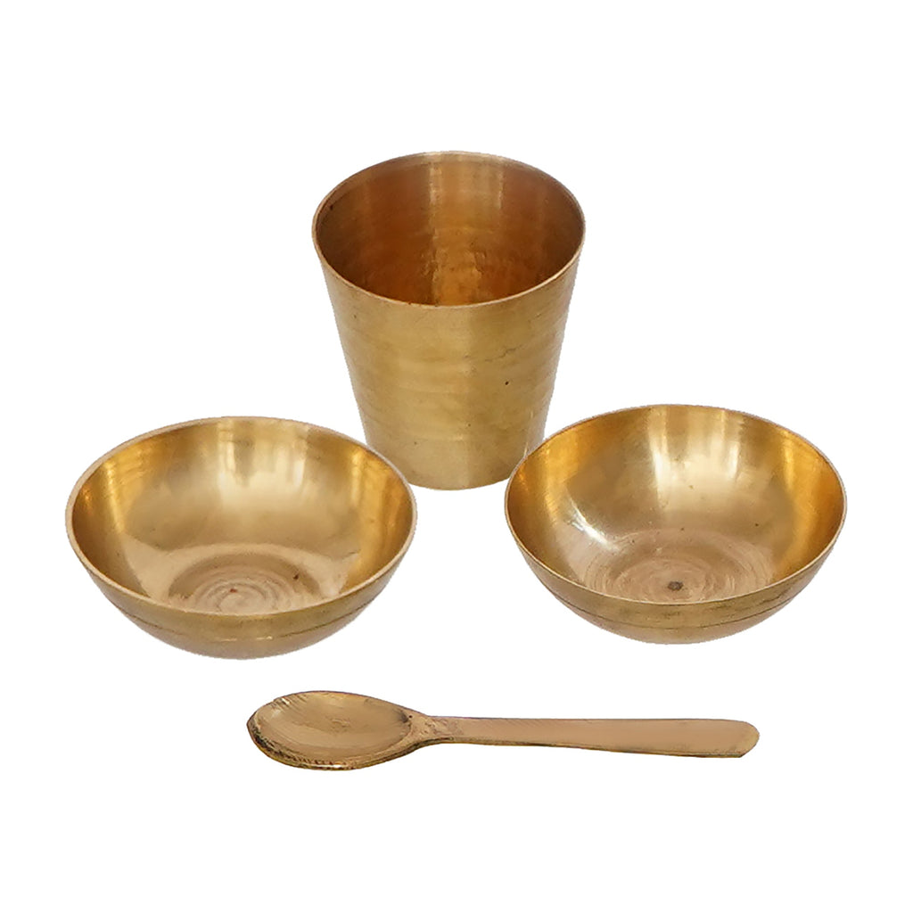 7 Inch Brass Pooja Thali with 2 Katori/Bowls, 1 Spoon and 1 Glass Kafalo