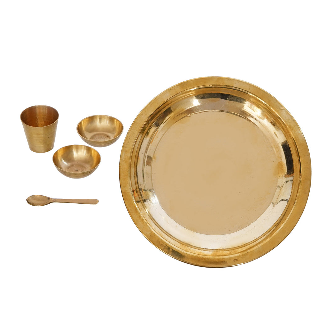 7 Inch Brass Pooja Thali with 2 Katori/Bowls, 1 Spoon and 1 Glass Kafalo