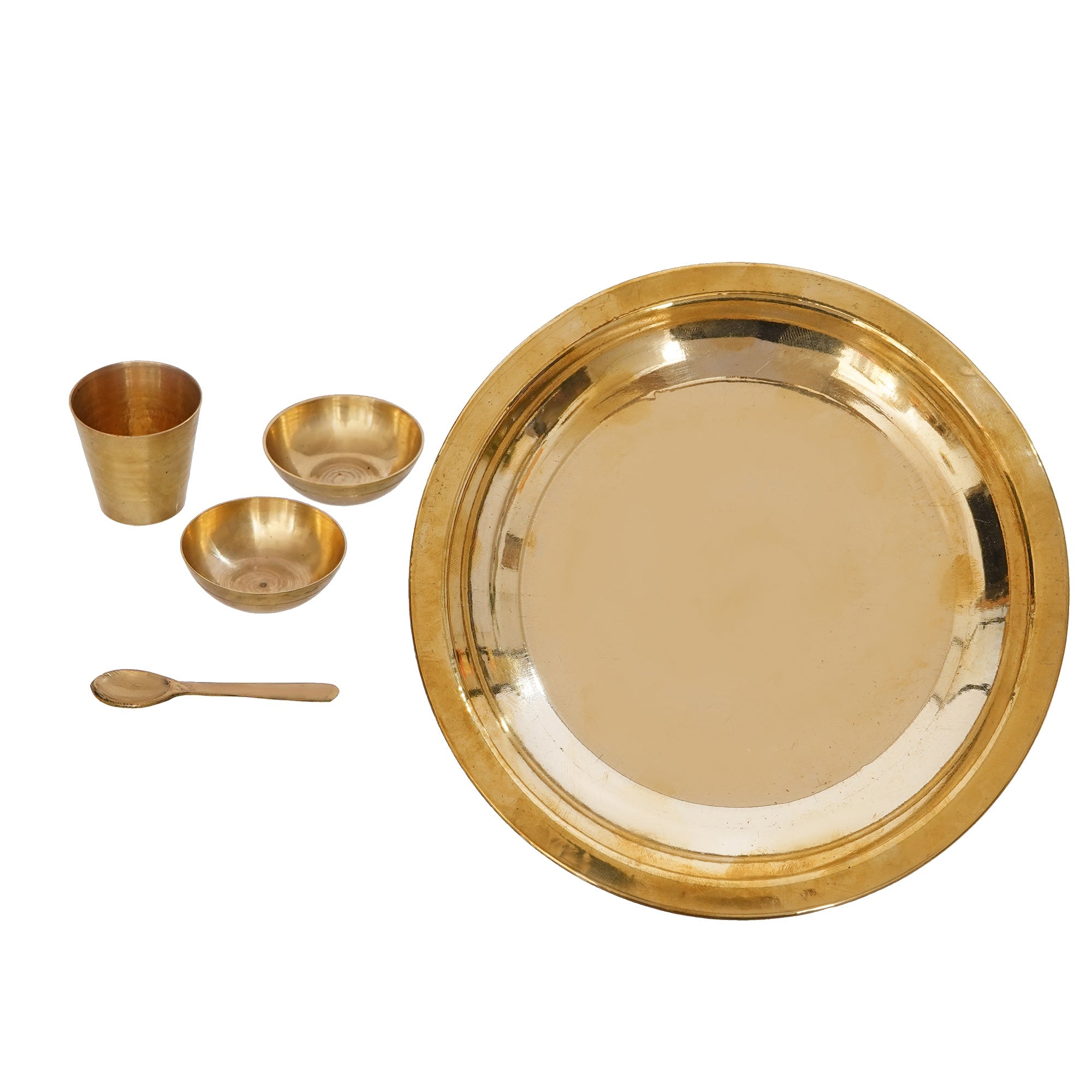 7 Inch Brass Pooja Thali with 2 Katori/Bowls, 1 Spoon and 1 Glass Kafalo