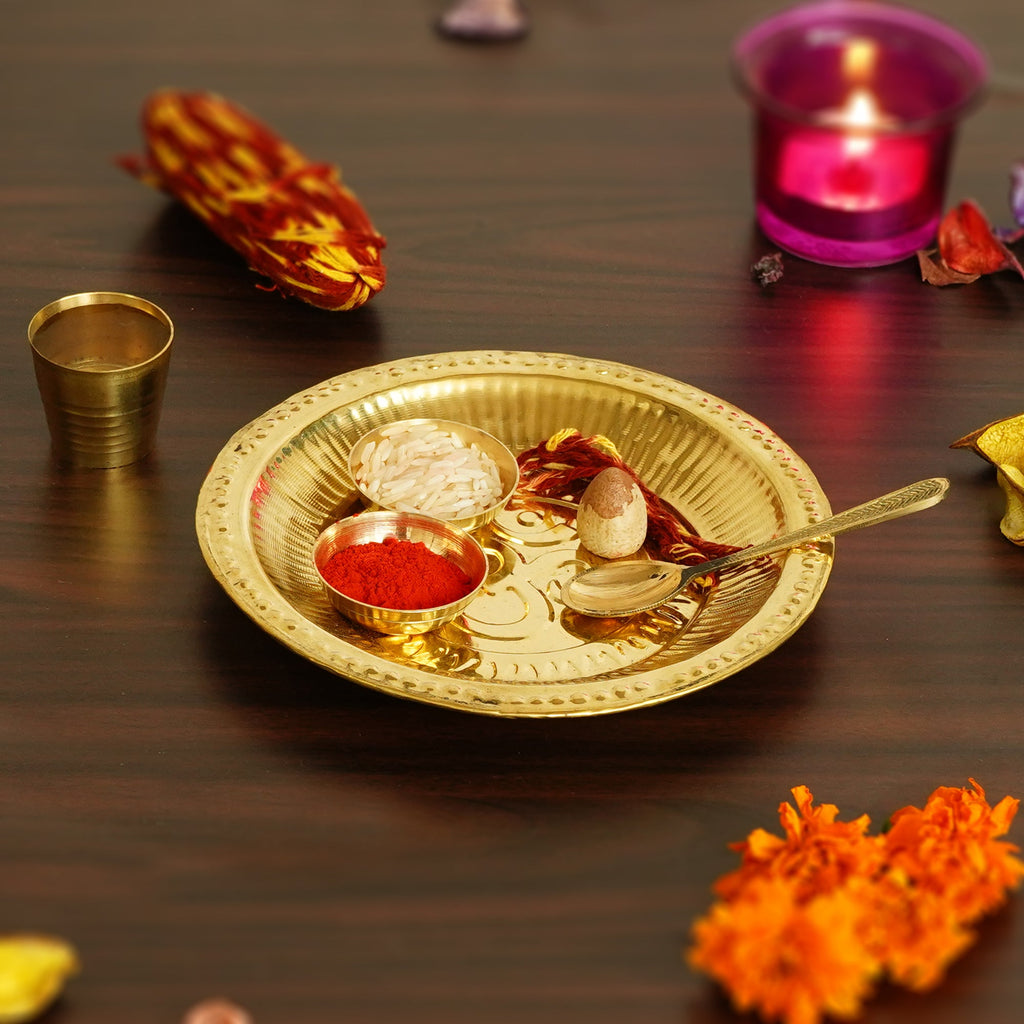 6 Inch Brass Pooja Thali with 2 Katori/Bowls, 1 Spoon and 1 Glass Kafalo