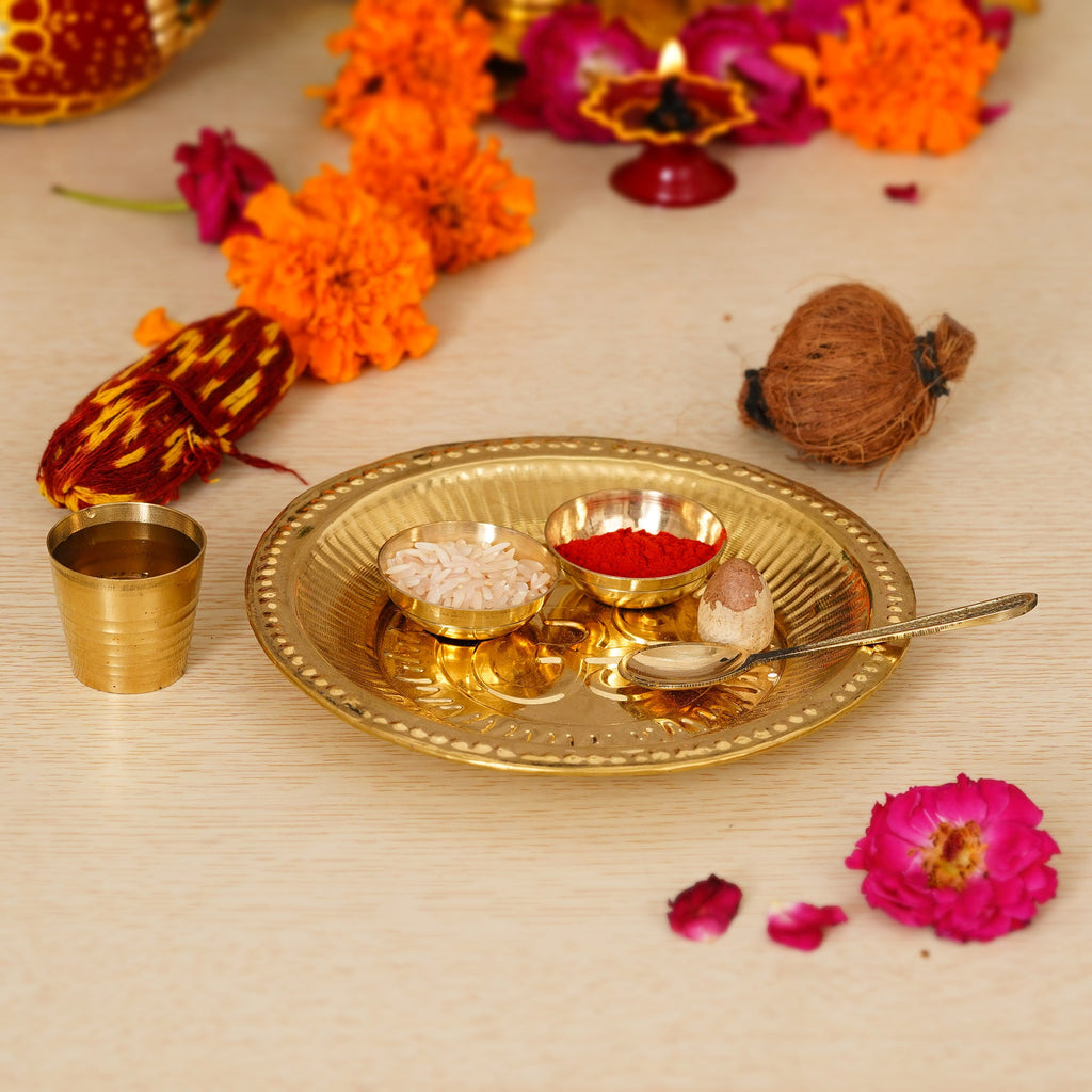 6 Inch Brass Pooja Thali with 2 Katori/Bowls, 1 Spoon and 1 Glass Kafalo