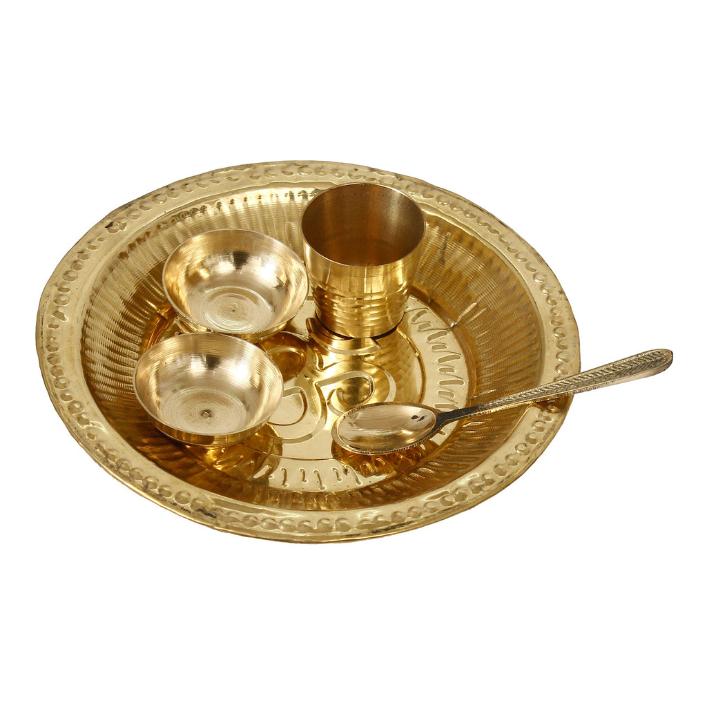 6 Inch Brass Pooja Thali with 2 Katori/Bowls, 1 Spoon and 1 Glass Kafalo