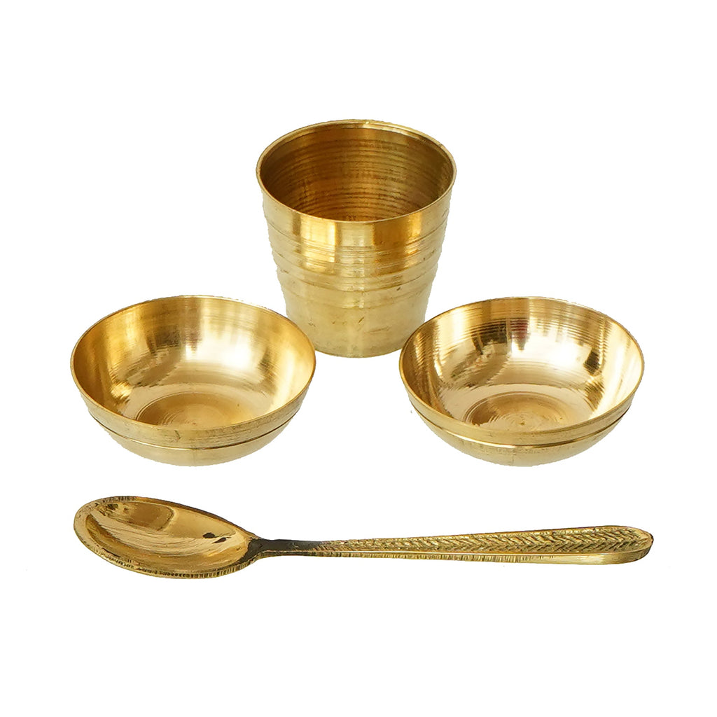 6 Inch Brass Pooja Thali with 2 Katori/Bowls, 1 Spoon and 1 Glass Kafalo