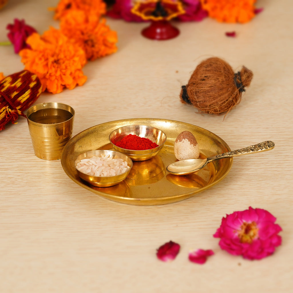 5 Inch Brass Pooja Thali with 2 Katori/Bowls, 1 Spoon and 1 Glass Kafalo