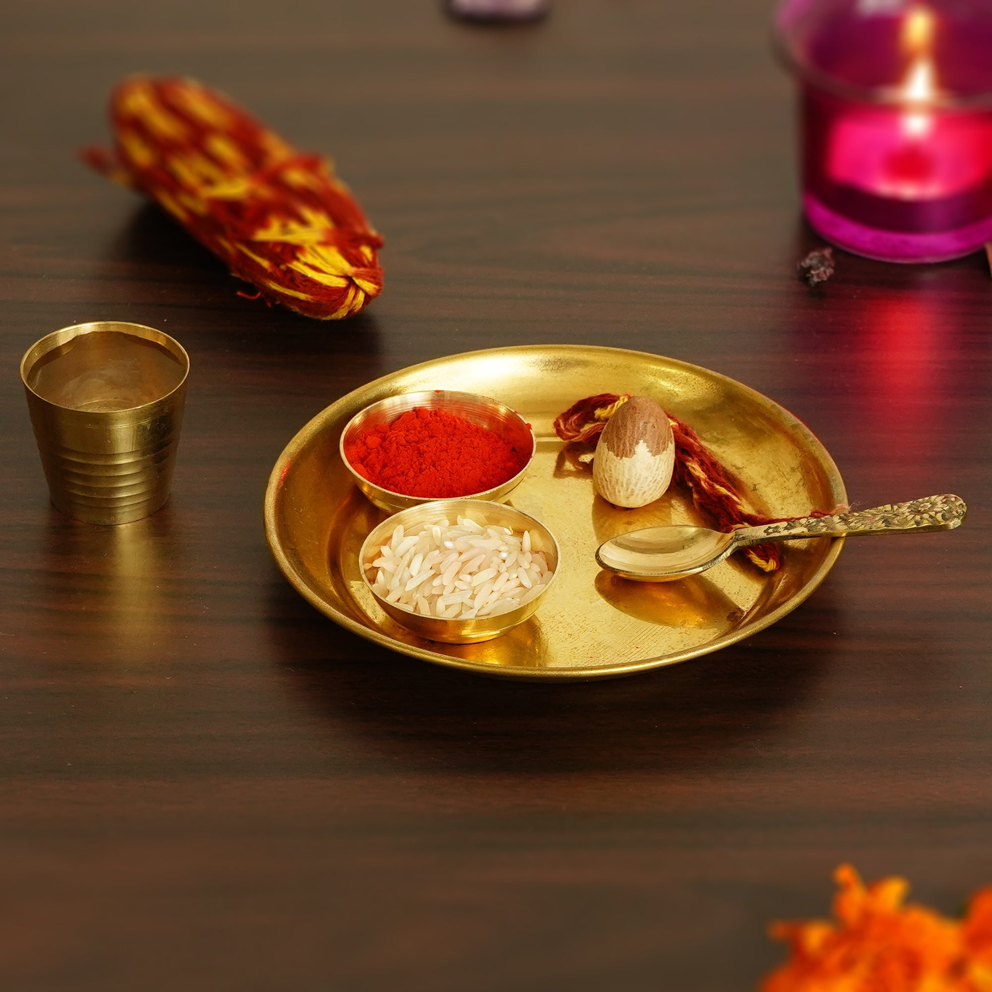 5 Inch Brass Pooja Thali with 2 Katori/Bowls, 1 Spoon and 1 Glass Kafalo