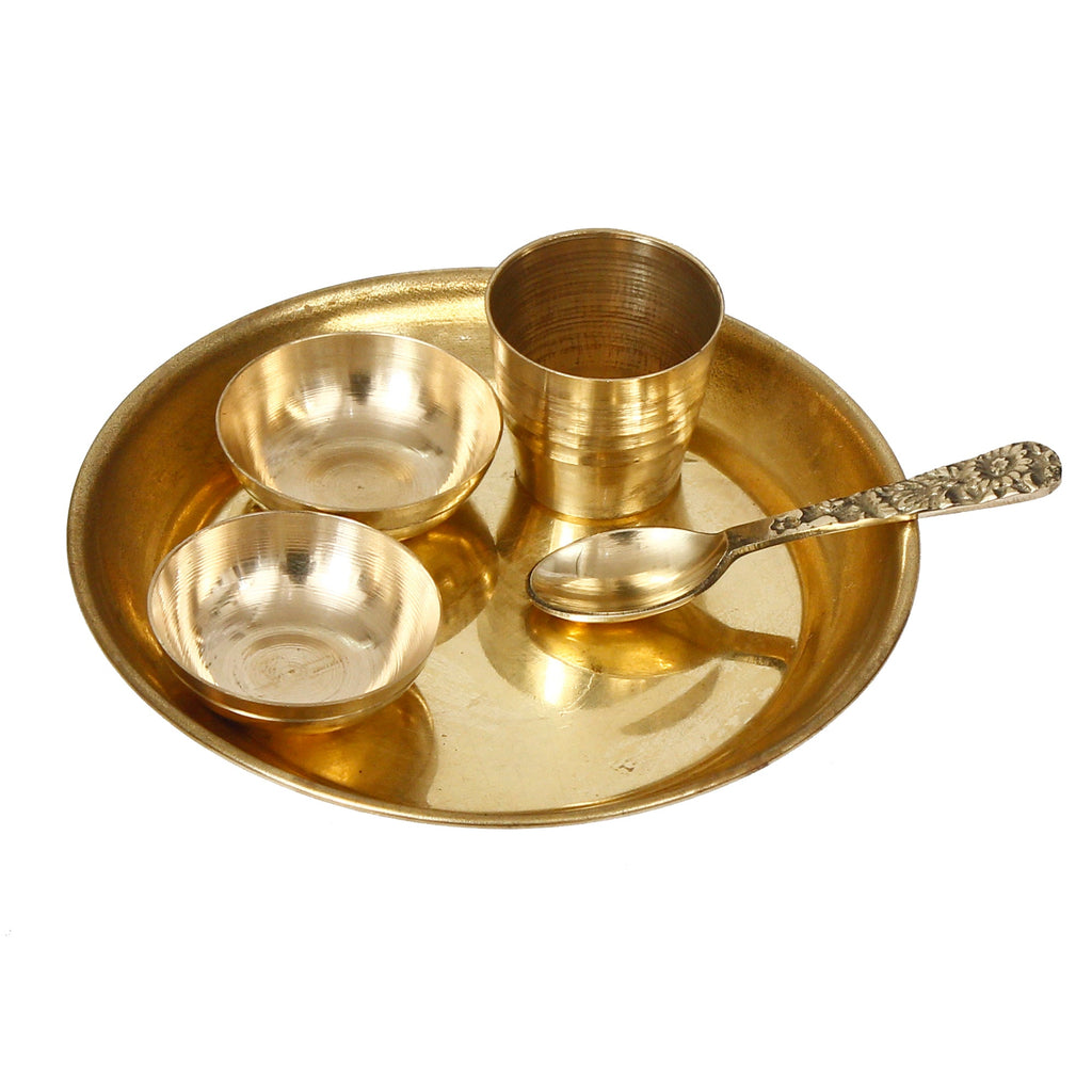5 Inch Brass Pooja Thali with 2 Katori/Bowls, 1 Spoon and 1 Glass Kafalo