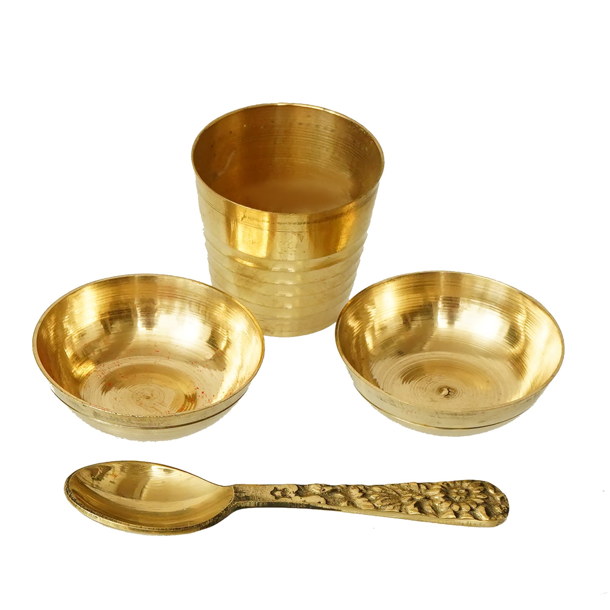 5 Inch Brass Pooja Thali with 2 Katori/Bowls, 1 Spoon and 1 Glass Kafalo