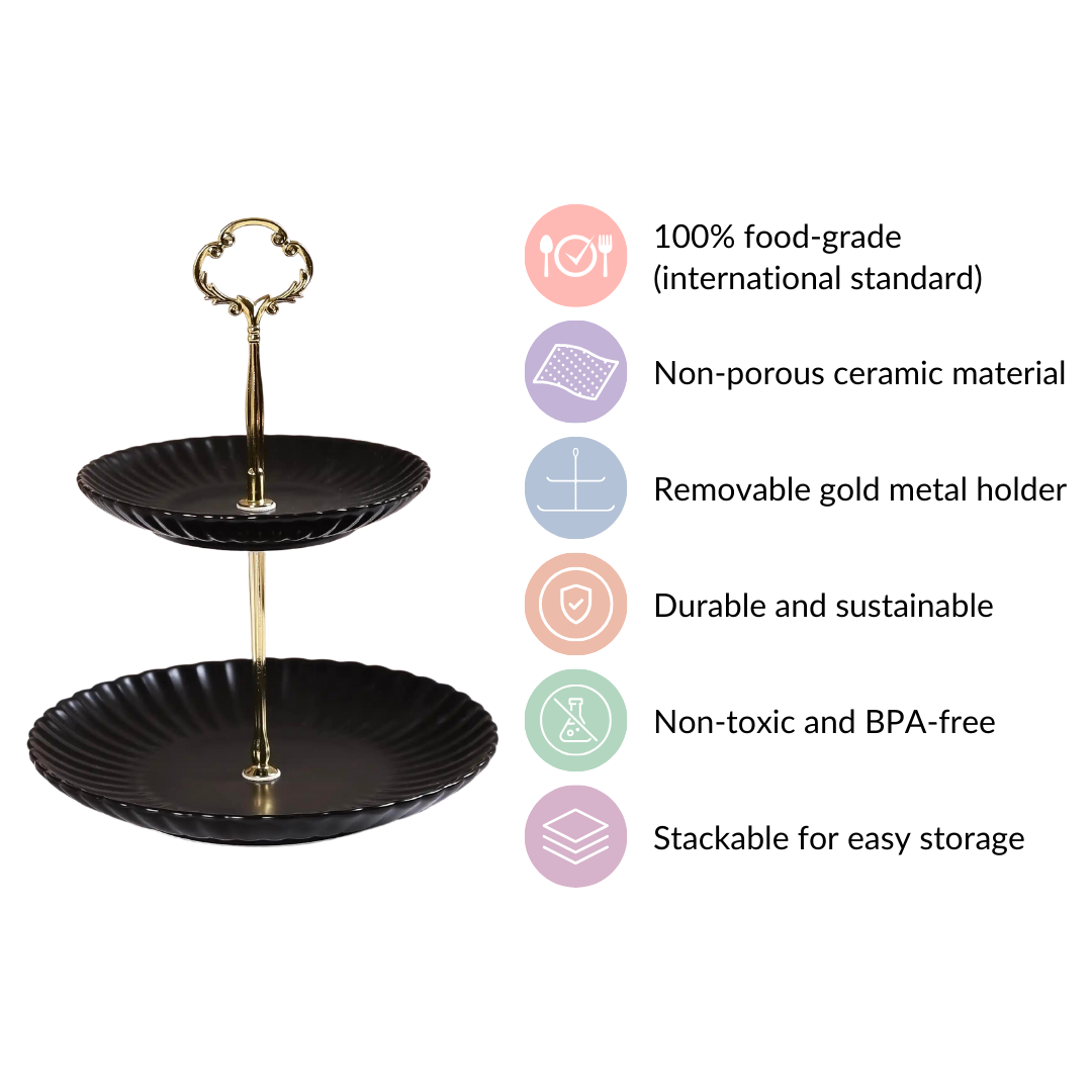 Black Gold 2-Tier Ceramic Cupcake Stand Nestasia
