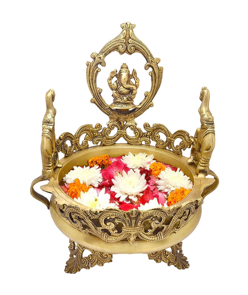 Golden Brass Elephant Design Lord Ganesha Premium Urli Kafalo