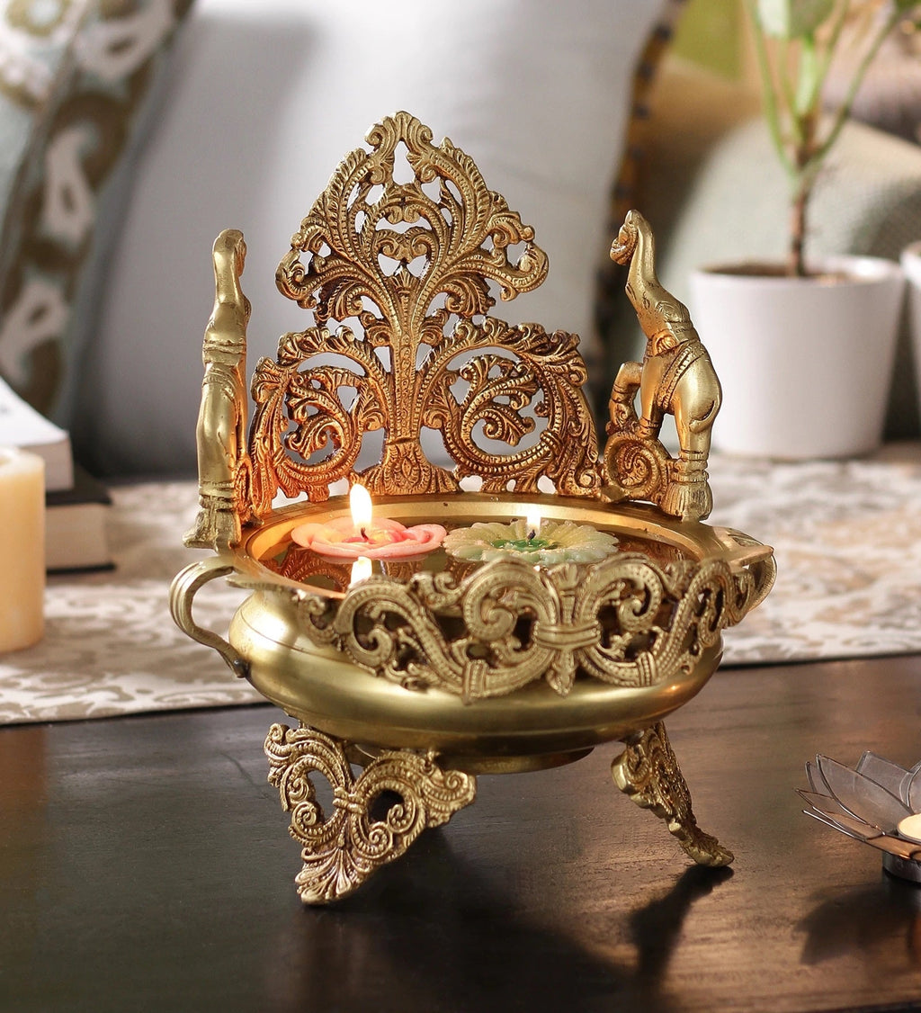 Golden Elephant Design Decorative Brass Urli Bowl Kafalo