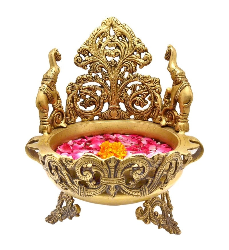Golden Elephant Design Decorative Brass Urli Bowl Kafalo