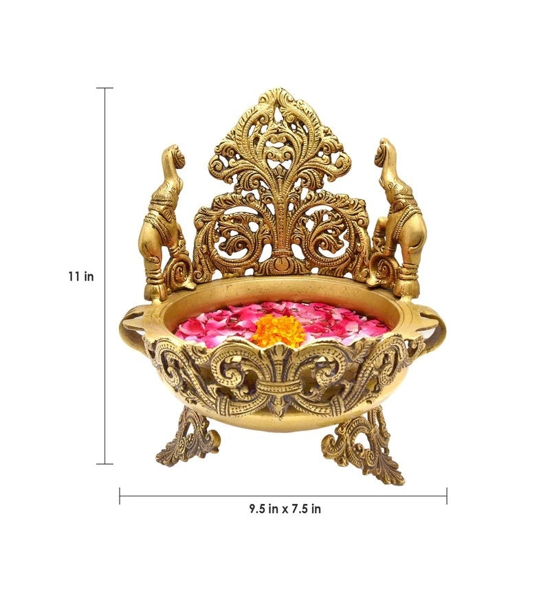 Golden Elephant Design Decorative Brass Urli Bowl Kafalo