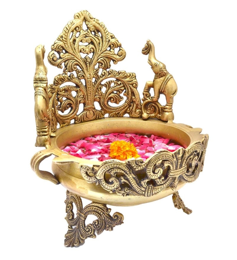 Golden Elephant Design Decorative Brass Urli Bowl Kafalo