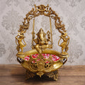 Golden Lord Ganesha on Swing Premium Decorative Handcrafted Brass Urli Kafalo