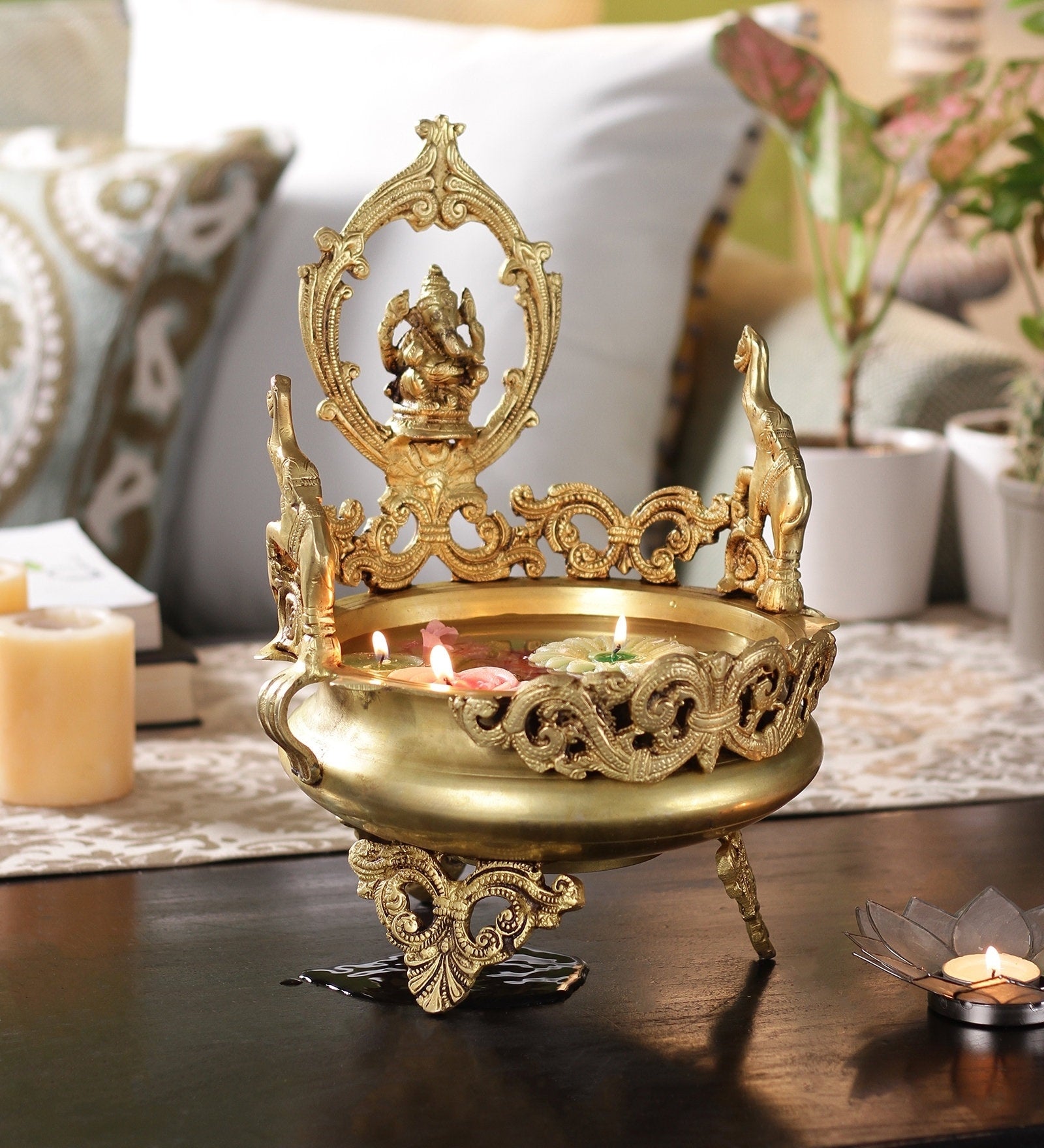 Golden Brass Lord Ganesha Design Elephant Urli Kafalo