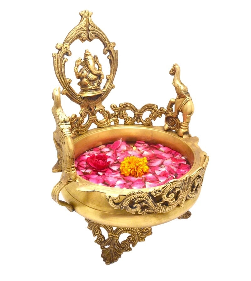 Golden Brass Lord Ganesha Design Elephant Urli Kafalo
