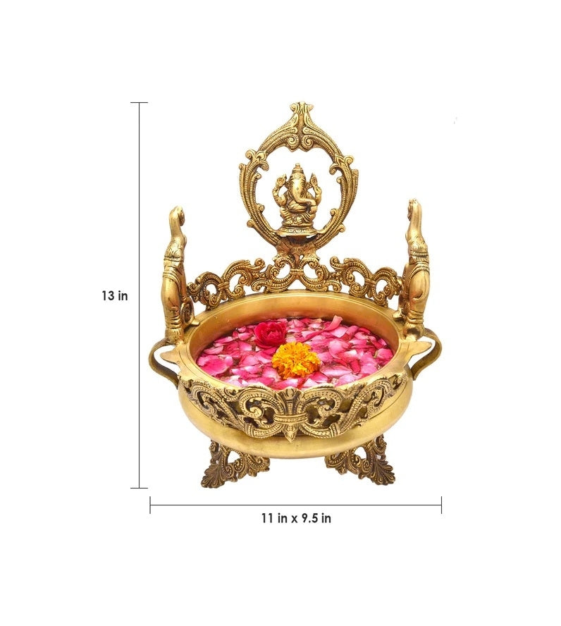 Golden Brass Lord Ganesha Design Elephant Urli Kafalo