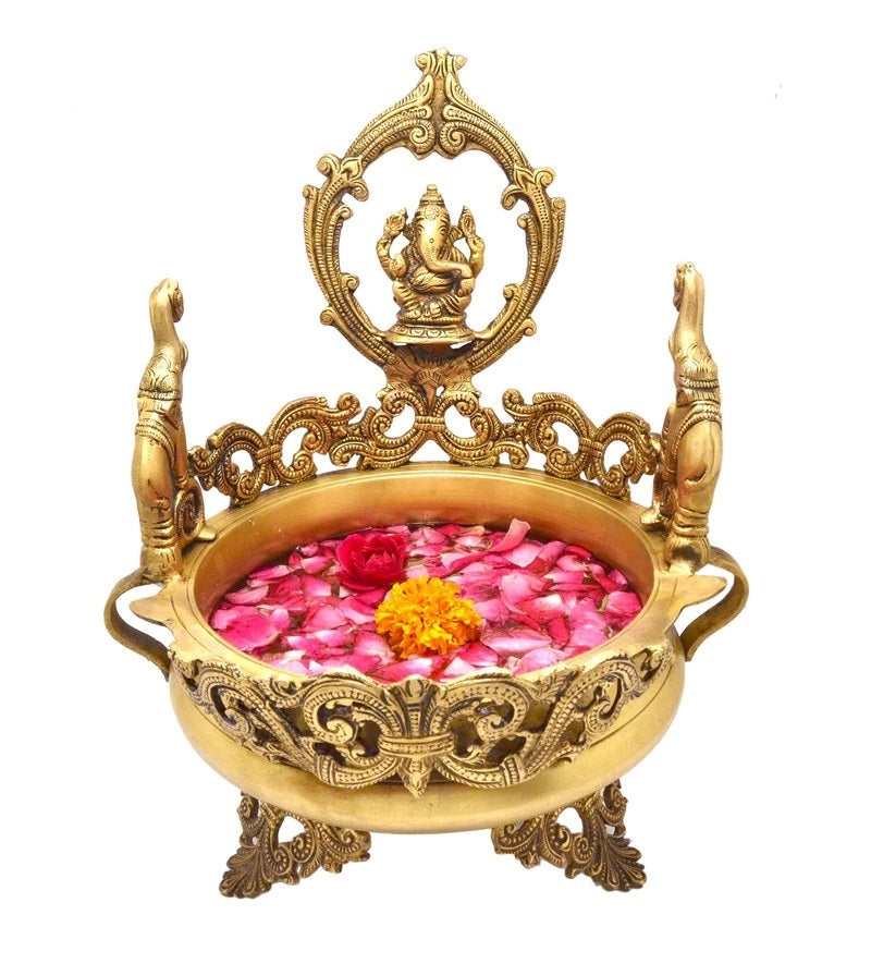 Golden Brass Lord Ganesha Design Elephant Urli Kafalo