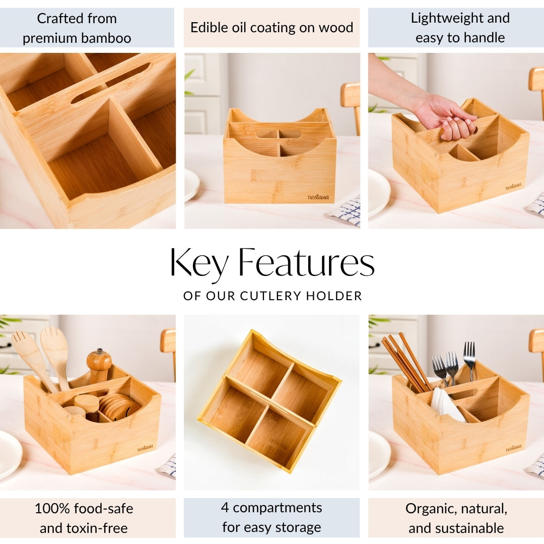 Bamboo Cutlery Caddy With Handle Nestasia