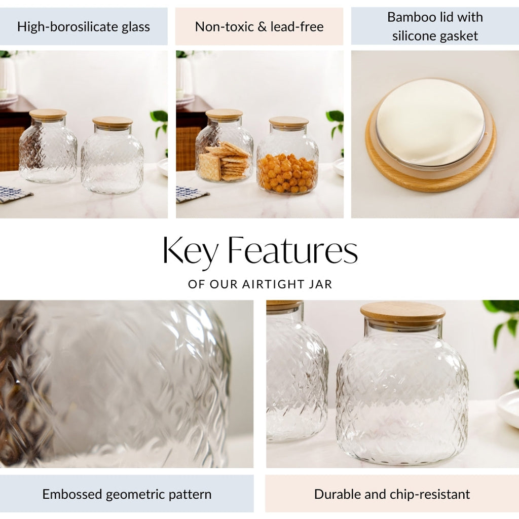 Diamond Glass Storage Jars with Bamboo Lid Set of 2 1400ml Nestasia