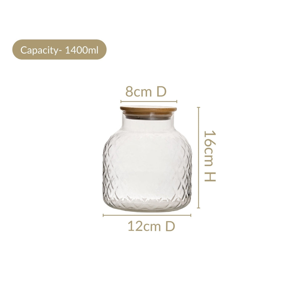 Diamond Glass Storage Jars with Bamboo Lid Set of 2 1400ml Nestasia