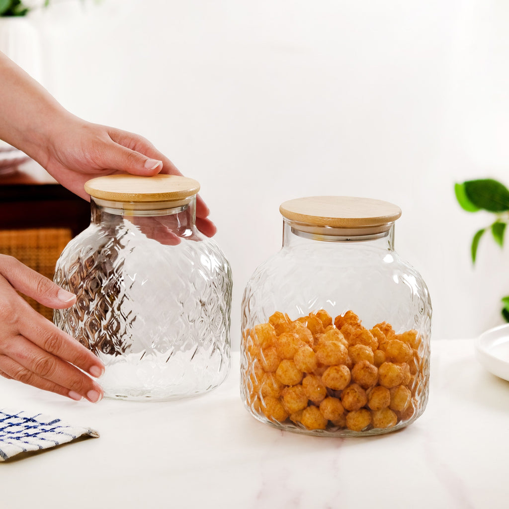 Diamond Glass Storage Jars with Bamboo Lid Set of 2 1400ml Nestasia