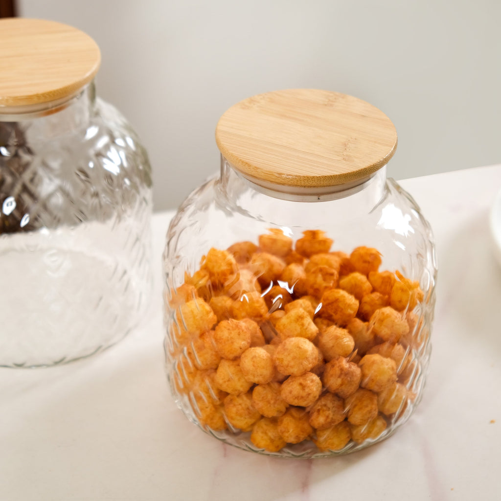 Diamond Glass Storage Jars with Bamboo Lid Set of 2 1400ml Nestasia