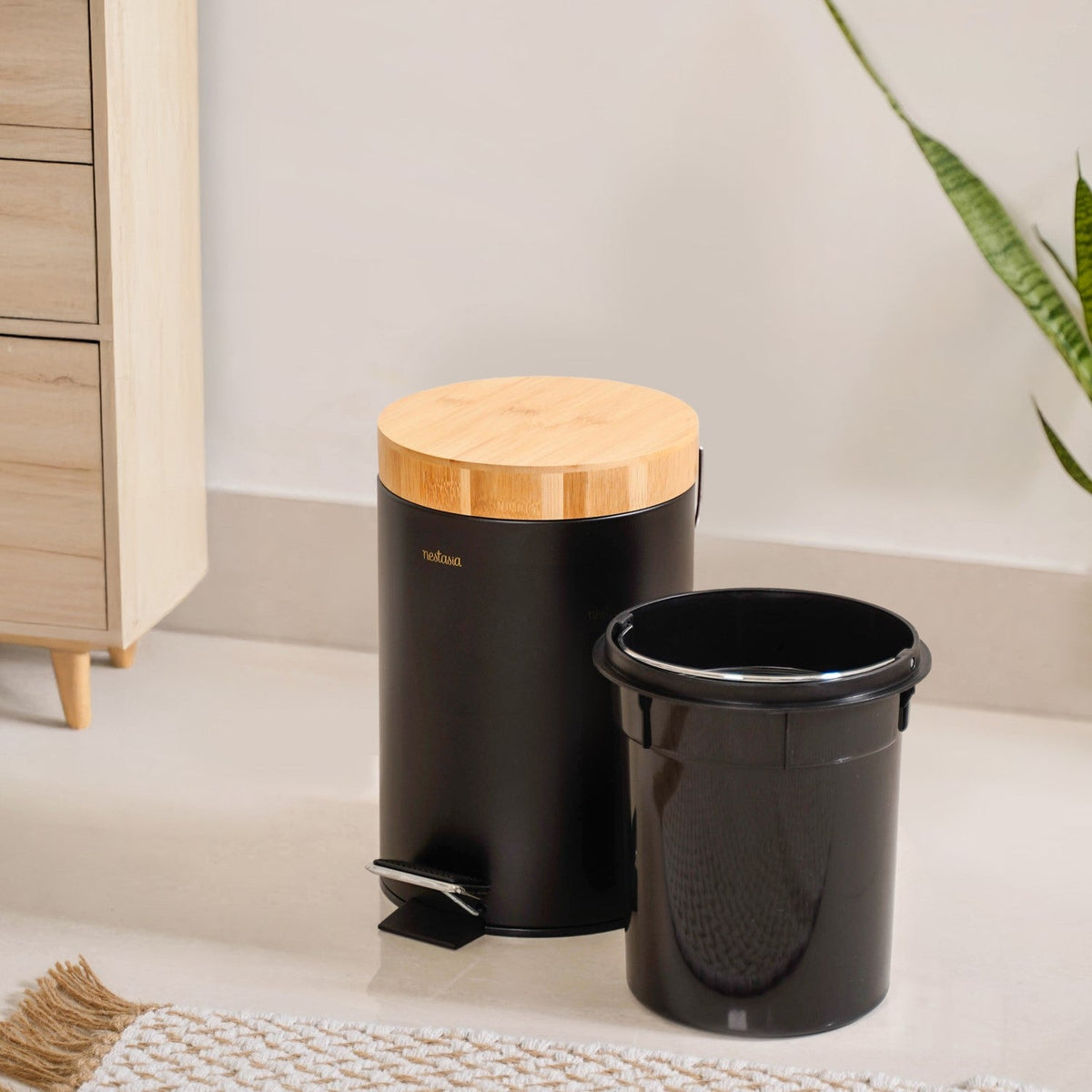 Modbin Bamboo Lid Metal Dustbin With Bucket Black 3000ml Nestasia