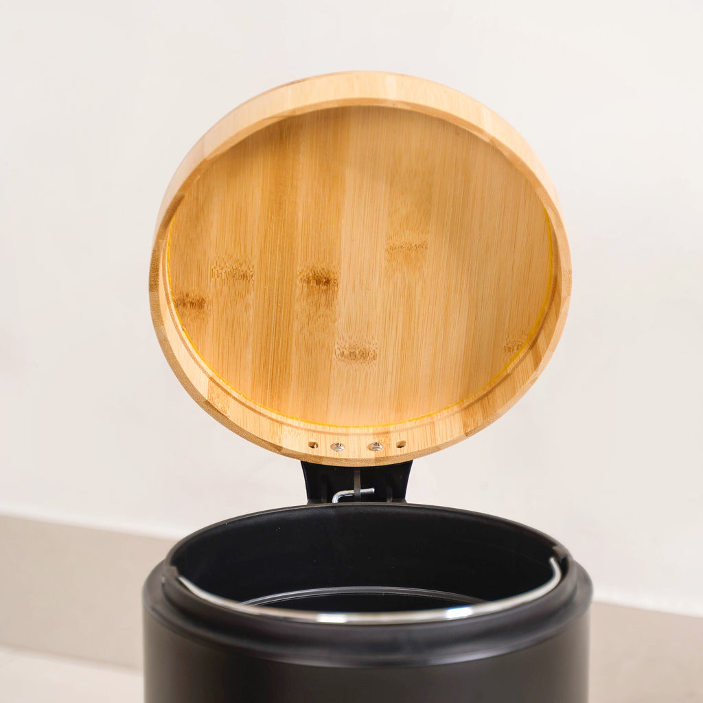 Modbin Bamboo Lid Metal Dustbin With Bucket Black 3000ml Nestasia