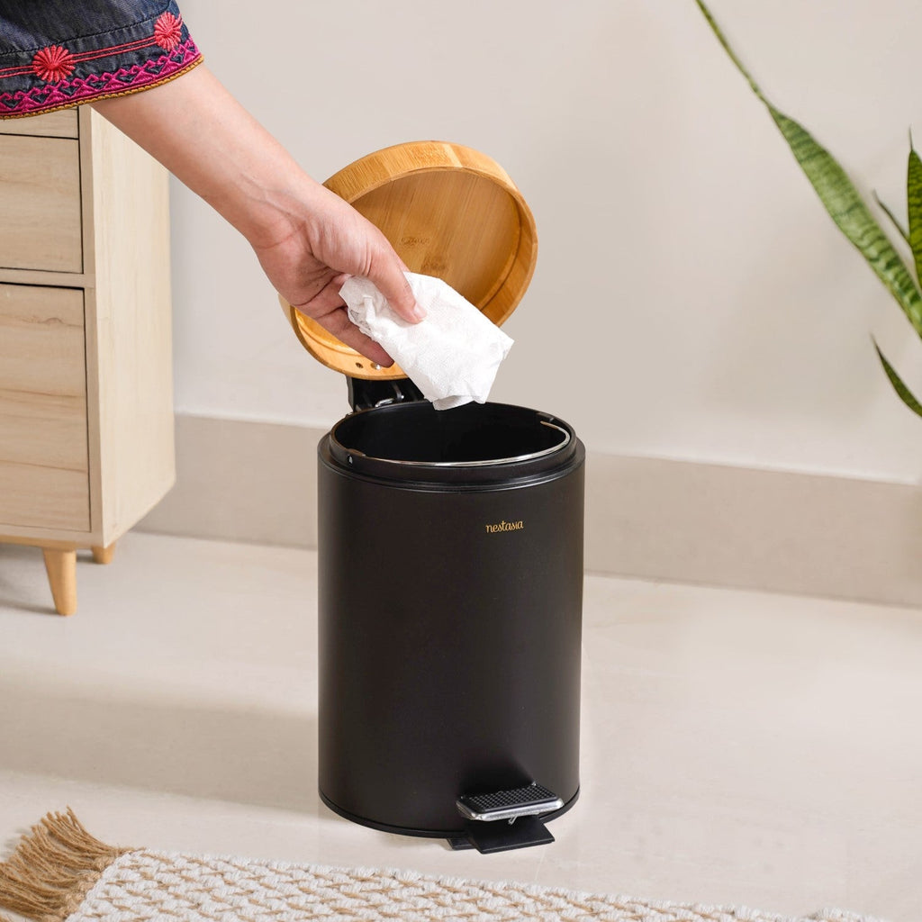 Modbin Bamboo Lid Metal Dustbin With Bucket Black 3000ml Nestasia
