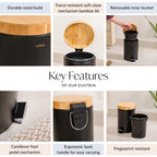 Modbin Bamboo Lid Metal Dustbin With Bucket Black 3000ml Nestasia
