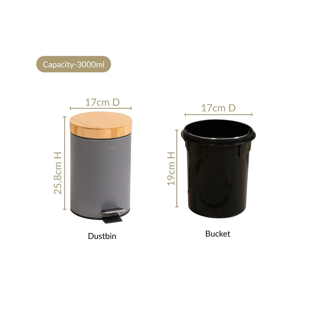 Modbin Bamboo Lid Metal Dustbin Grey 3000ml Nestasia