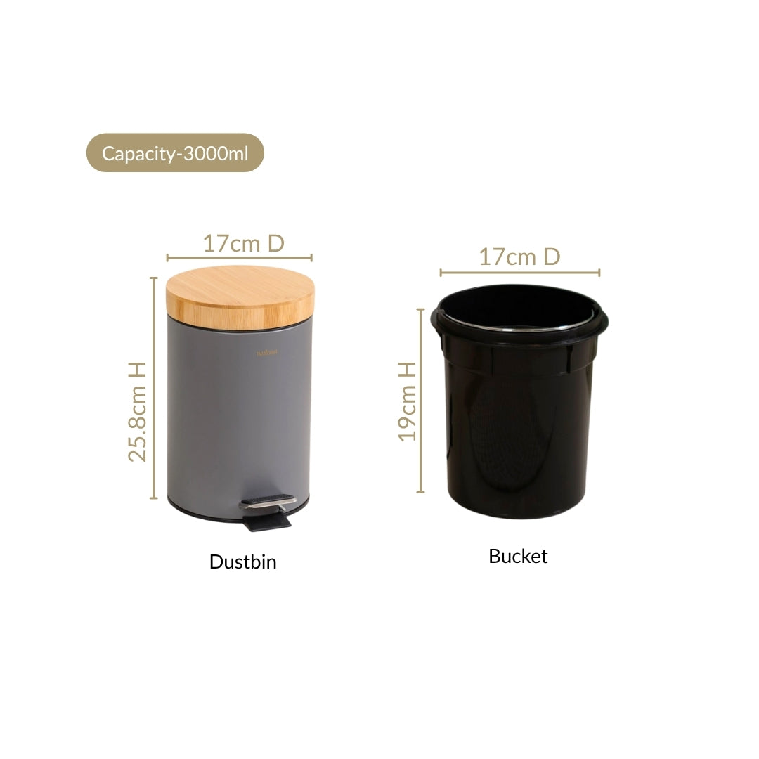 Modbin Bamboo Lid Metal Dustbin Grey 3000ml Nestasia