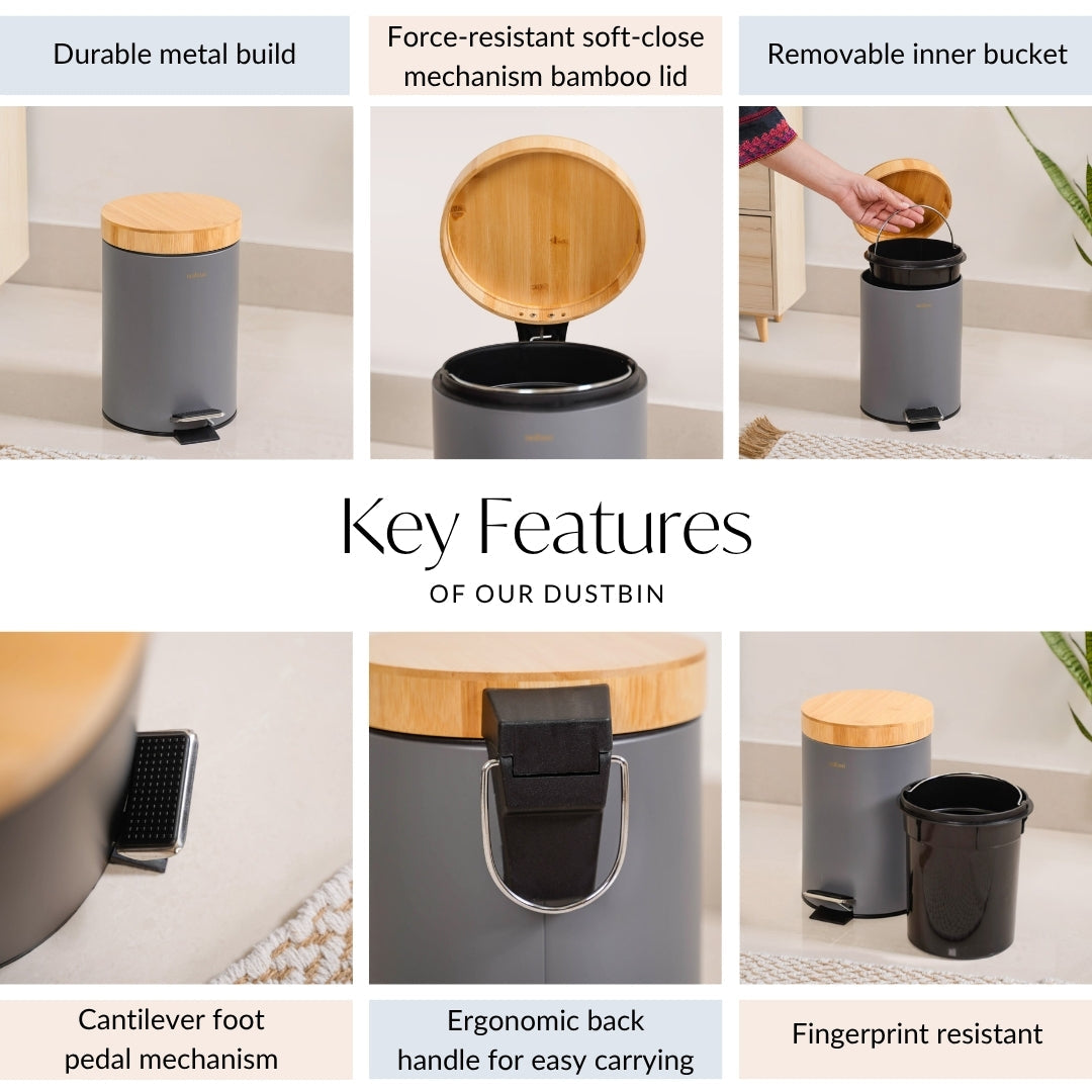 Modbin Bamboo Lid Metal Dustbin Grey 3000ml Nestasia