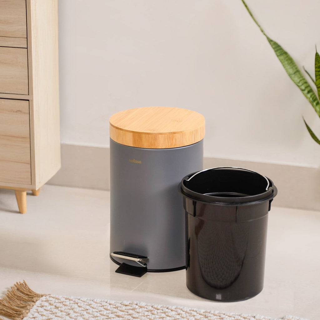 Modbin Bamboo Lid Metal Dustbin Grey 3000ml Nestasia