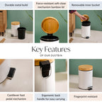 Modbin Bamboo Lid Metal Dustbin With Bucket White 3000ml Nestasia