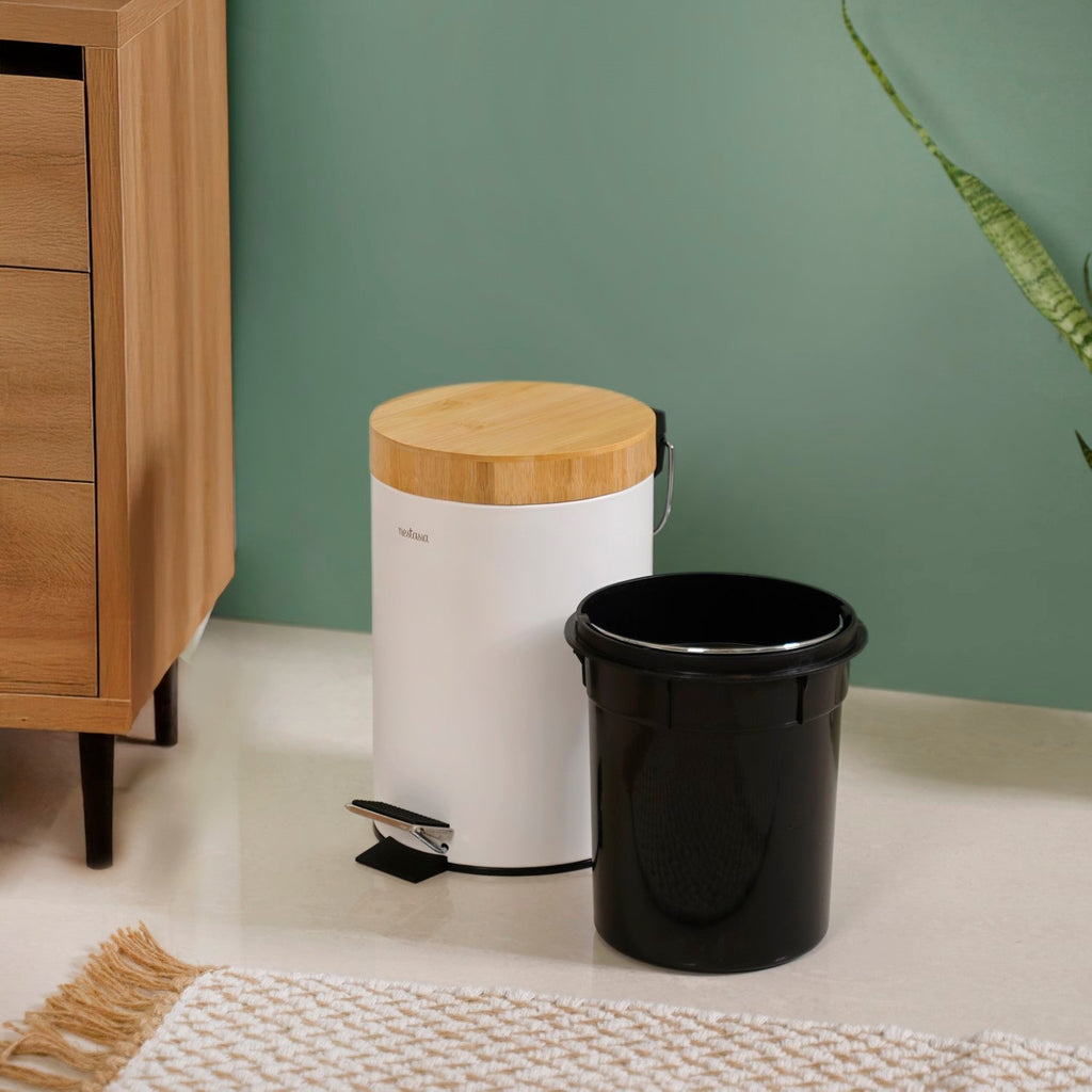 Modbin Bamboo Lid Metal Dustbin With Bucket White 3000ml Nestasia