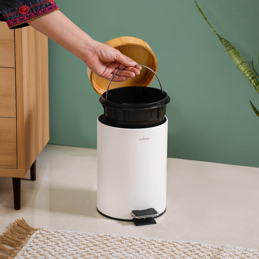 Modbin Bamboo Lid Metal Dustbin With Bucket White 3000ml Nestasia