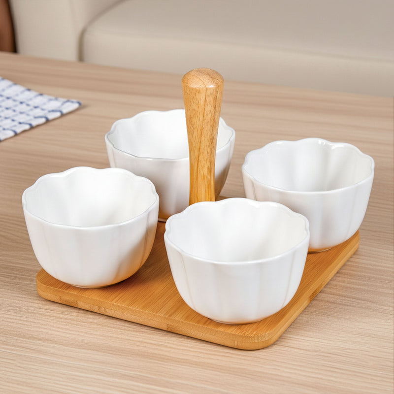 Bamboo Platter With Ceramic Bowls Set Of 5 Nestasia
