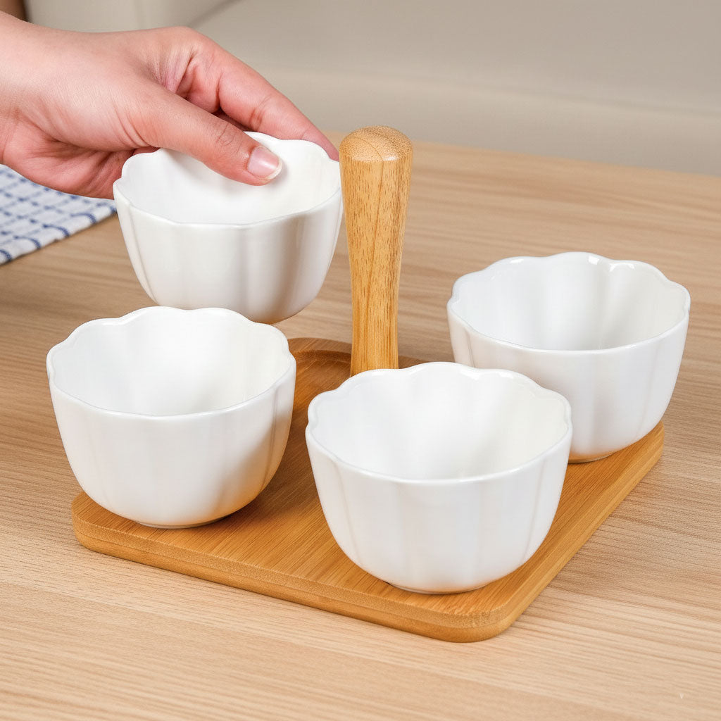 Bamboo Platter With Ceramic Bowls Set Of 5 Nestasia