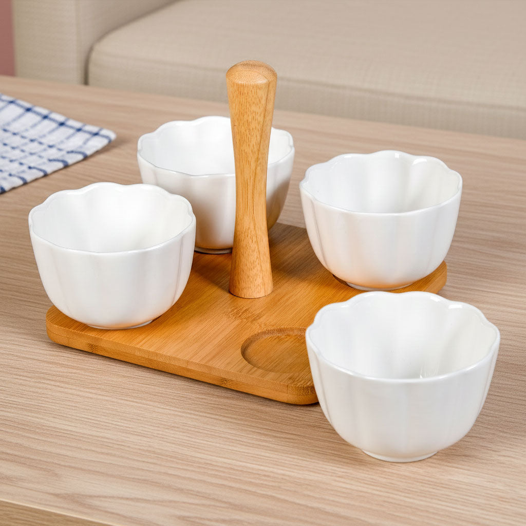 Bamboo Platter With Ceramic Bowls Set Of 5 Nestasia