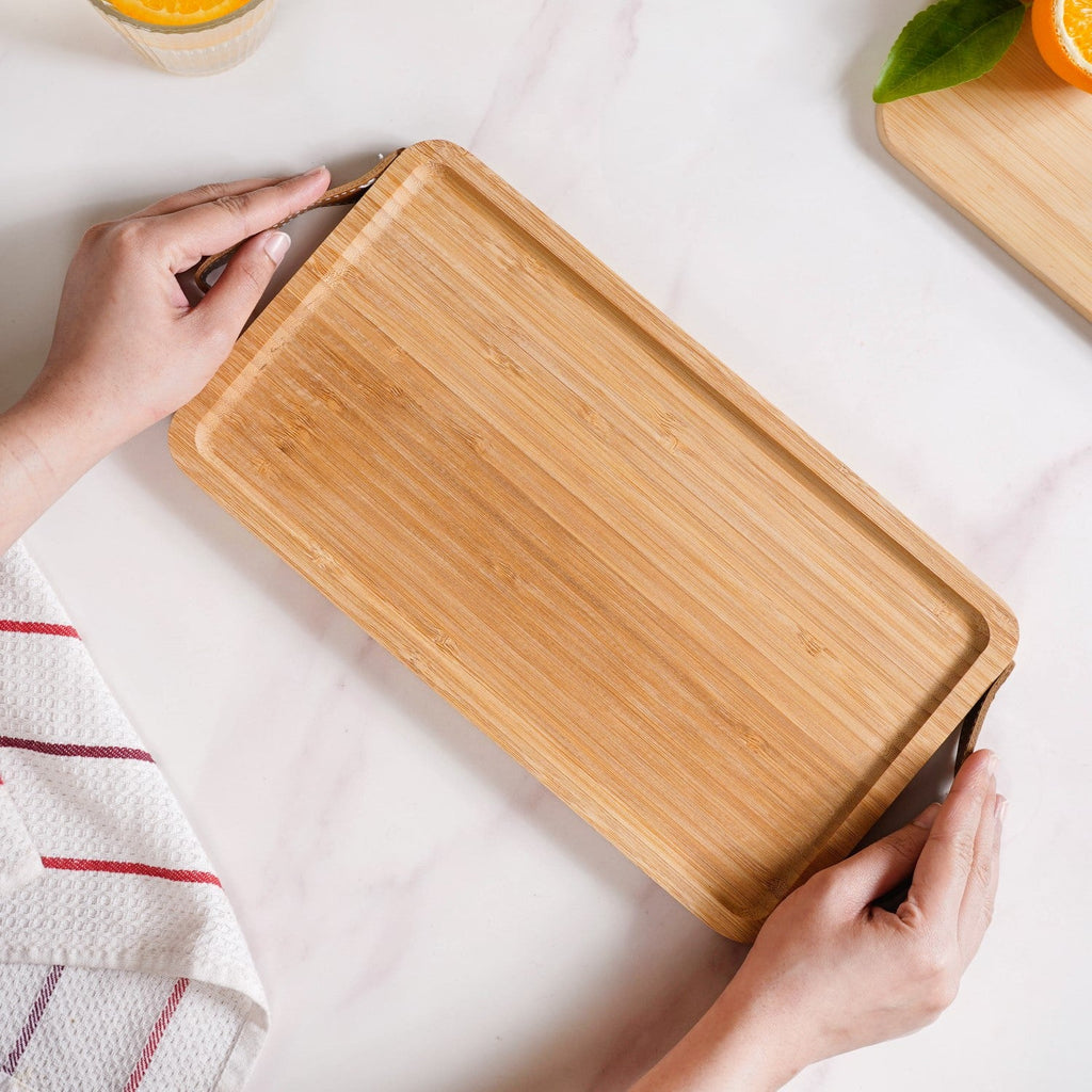 Bamboo Tray With Leather Handles 12inch Nestasia