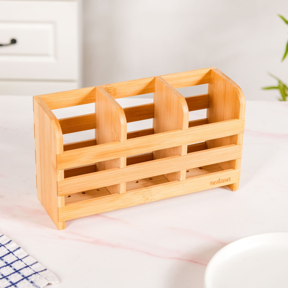 Bamboo Wood Cutlery Holder With 3 Sections Nestasia