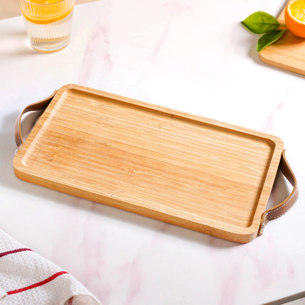 Bamboo Tray With Leather Handles 12inch Nestasia