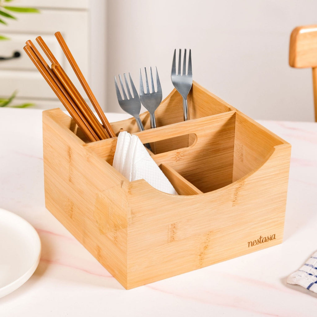 Bamboo Cutlery Caddy With Handle Nestasia