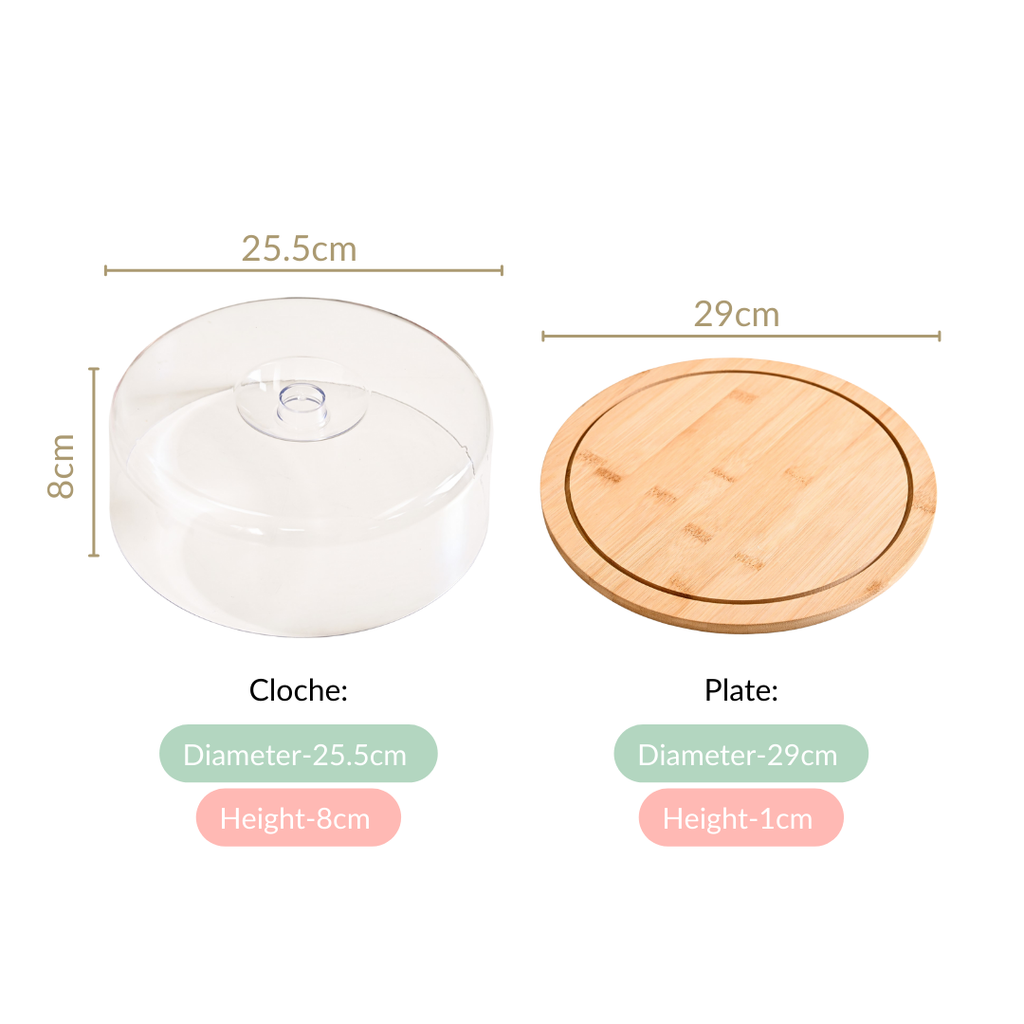 Bamboo Wood Cake Stand With Cloche 25cm Nestasia