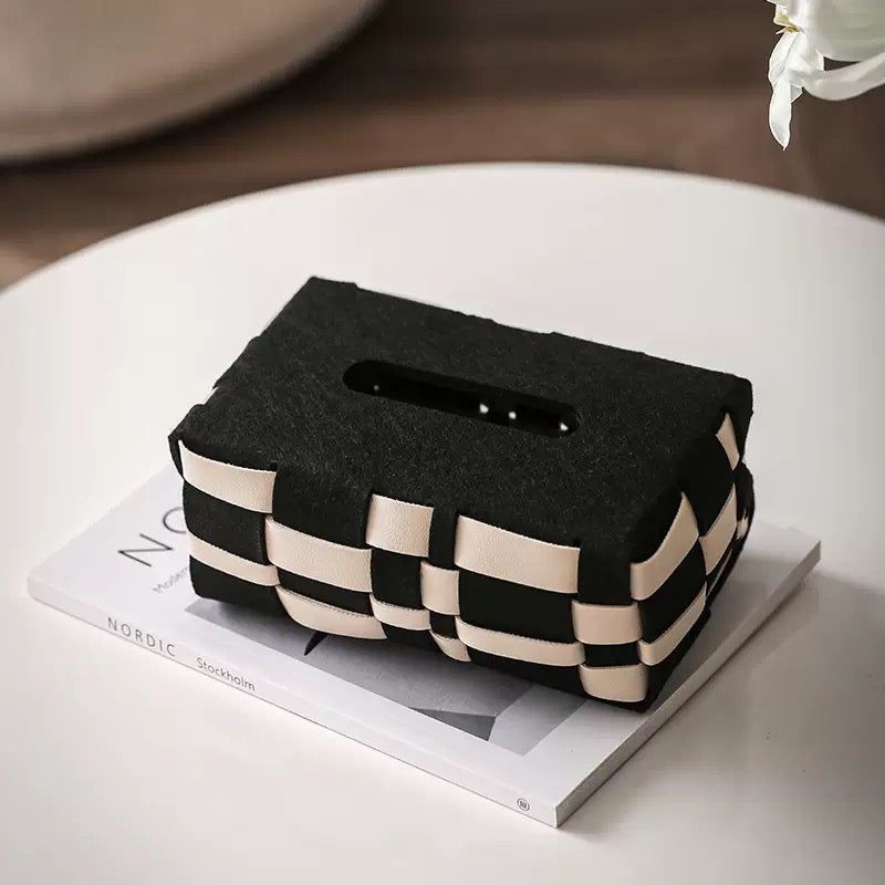Basket Weave Vegan Leather Tissue Box Black And Beige Nestasia