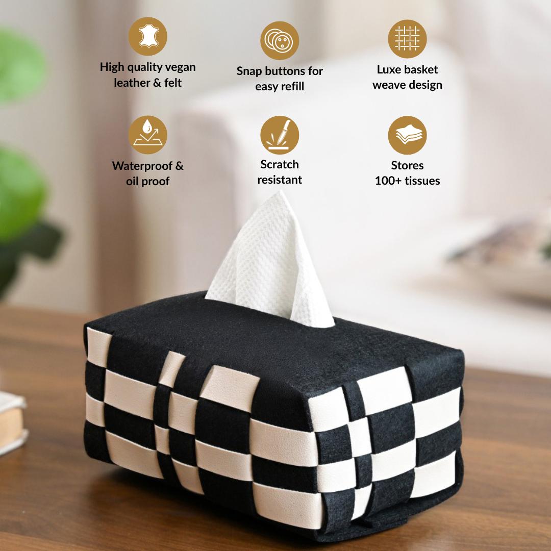 Basket Weave Vegan Leather Tissue Box Black And Beige Nestasia