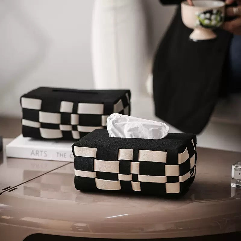 Basket Weave Vegan Leather Tissue Box Black And Beige Nestasia