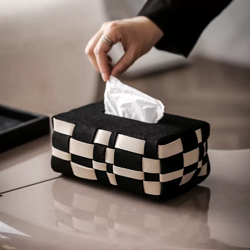 Basket Weave Vegan Leather Tissue Box Black And Beige Nestasia